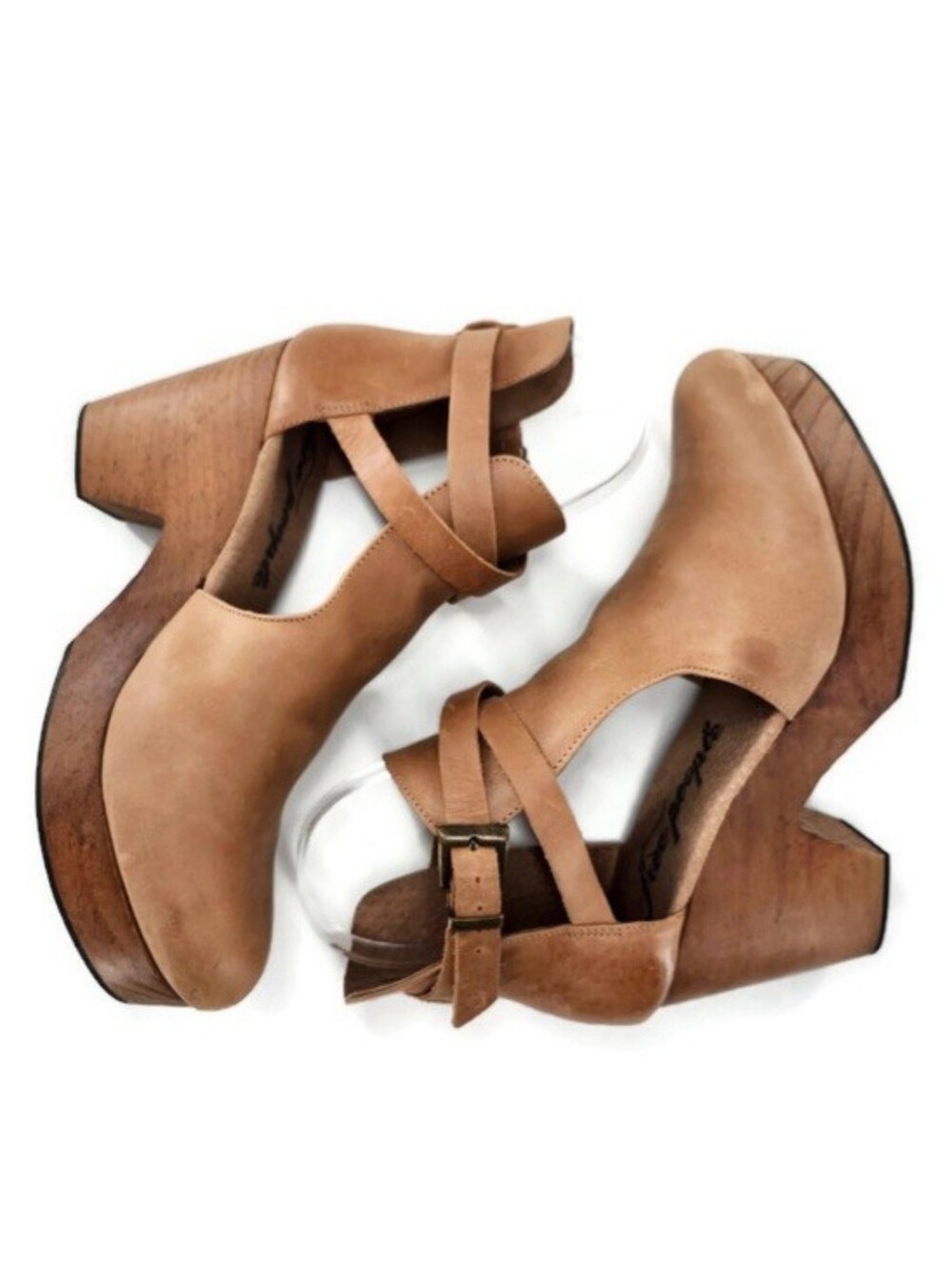 Free People Cedar Tan Smooth Leather Wooden High Heel Platform Clogs - Picture 6 of 14